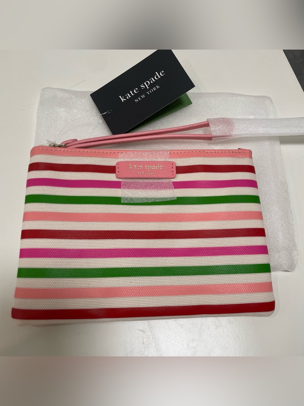 Kate Spade Rainbow Clutch Pink, Red, Green & White Striped Wristlet